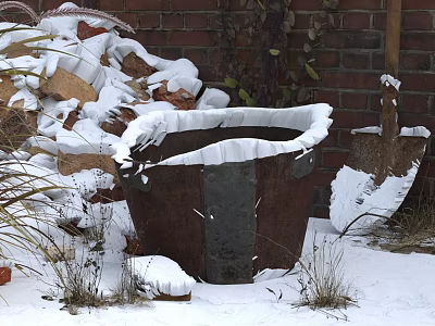 Snow Covered Landscape With Brick Wall Rusty Metal Bucket Shovel And Dry Grass 3d model