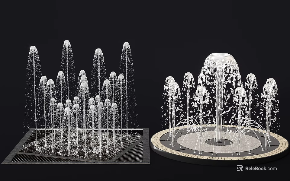 Modern Square And Circular Fountain Design With Multiple Water Jets Arrangement 3d model 