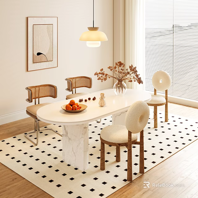 Modern Dining Table Set With Marble Top Rattan Back Chairs And Black White Checkered Rug 3d model 