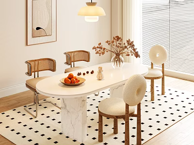 Modern Dining Table Set With Marble Top Rattan Back Chairs And Black White Checkered Rug 3d model