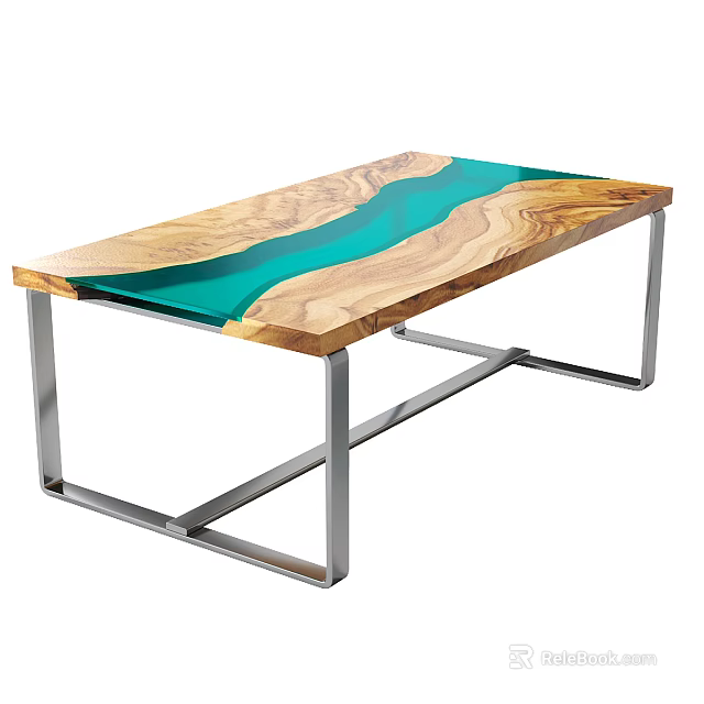 Modern Coffee Table with Wooden Tabletop and Turquoise Resin Inlay Stainless Steel Legs Contemporary Design 3d model 