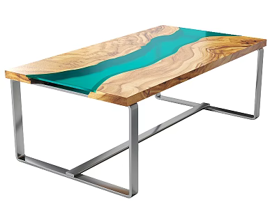 Modern Coffee Table with Wooden Tabletop and Turquoise Resin Inlay Stainless Steel Legs Contemporary Design 3d model