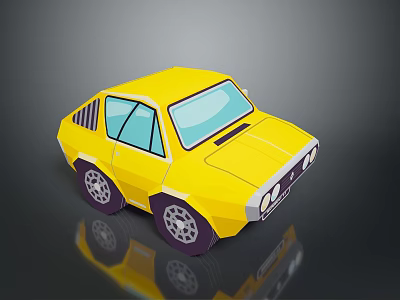 Yellow Cartoon Style Car With Blue Windows And Purple Wheels On Reflective Surface 3d model
