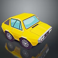 Yellow Cartoon Style Car With Blue Windows And Purple Wheels On Reflective Surface