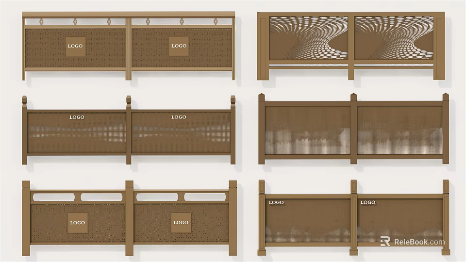 Various Decorative Fence Designs With Logo Areas And Patterned Panels 3d model