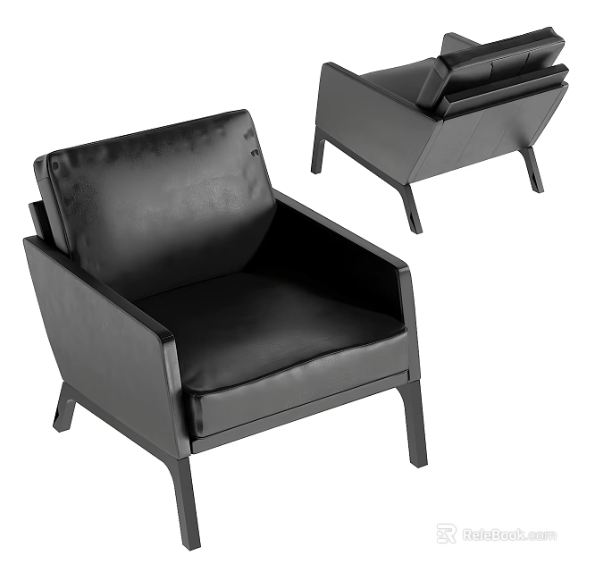 Modern Black Leather Single Sofa With Armrest And Slim Legs Design 3d model 