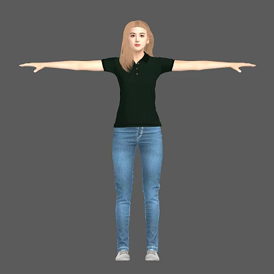 modern woman blonde woman polo shirt woman jeans woman binding skeleton 3d model
