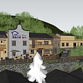 Traditional Guesthouse Building with Wooden Structure Stone Wall and Scenic Green Surroundings