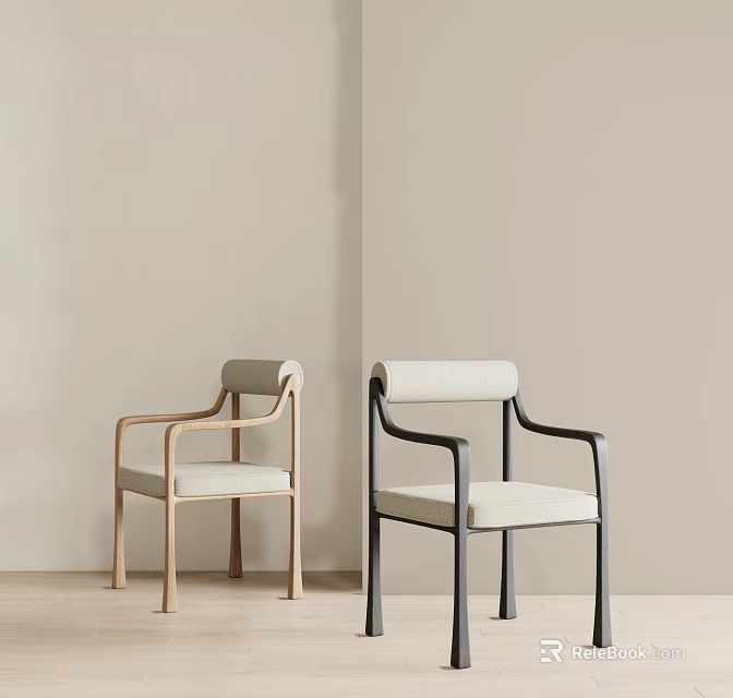 Modern Dining Chairs With Wooden And Metal Frames And Light Colored Seats 3d model 