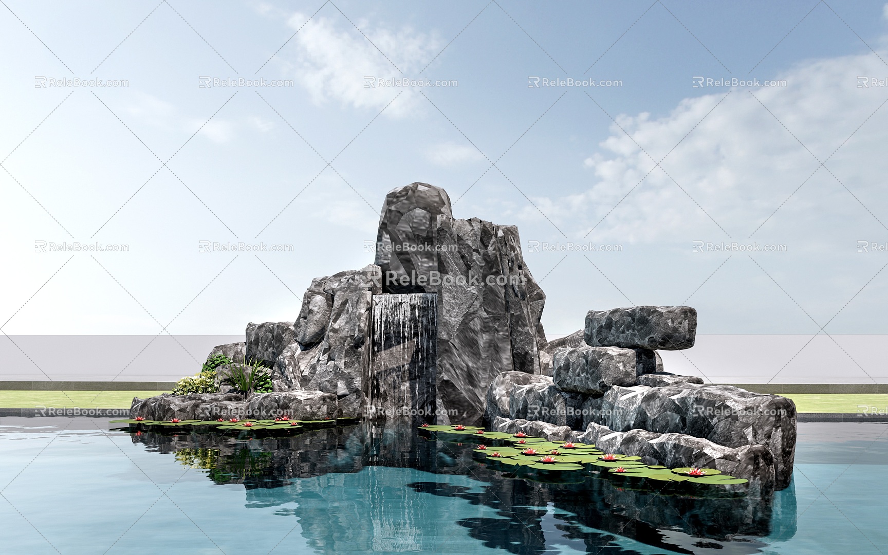 Modern rockery stone landscape sketch rockery falling water landscape stone 3d model