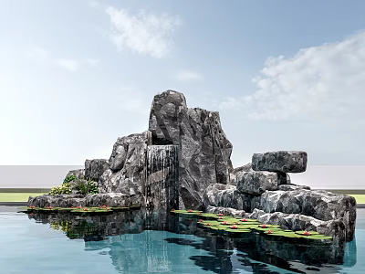 Natural Stone Waterfall Pond With Green Plants And Floating Lotus Flowers 3d model