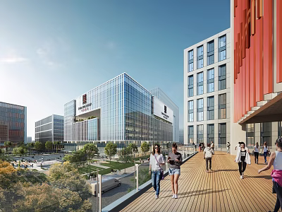 Modern Office Building Exterior With Glass Curtain Walls Pedestrian Plaza And People Walking 3d model