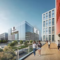Modern Office Building Exterior With Glass Curtain Walls Pedestrian Plaza And People Walking
