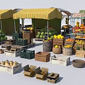 Fruit Store Displaying Multiple Stalls Yellow Striped Awnings Watermelons Lemons Oranges Wooden Crates And Baskets