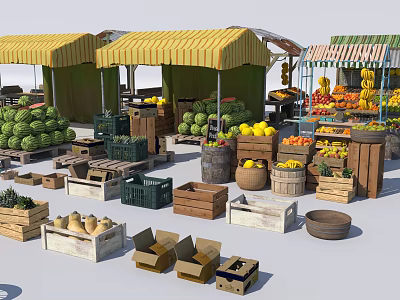 Fruit Store Displaying Multiple Stalls Yellow Striped Awnings Watermelons Lemons Oranges Wooden Crates And Baskets 3d model