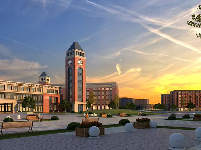 Red Brick School Building with Clock Tower Central Plaza Benches and Greenery Under Sunset Sky 3d model