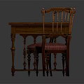 Vintage Wooden Table With Carved Back Chairs And Red Plaid Fabric Seats
