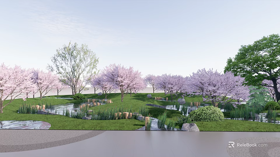Scenic Park Landscape With Cherry Blossom Trees Lush Green Lawn And Small Stream Stones 3d model 