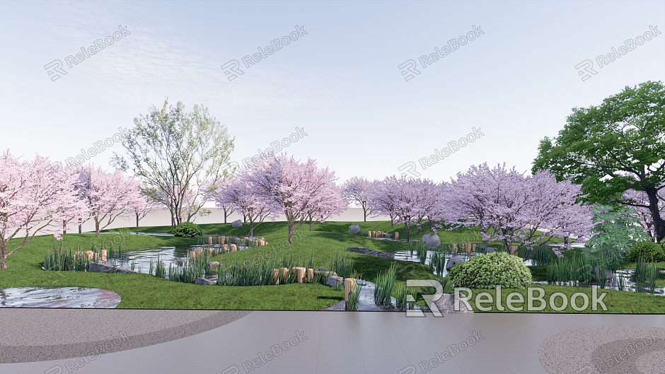 Modern Park Rain Garden Micro Terrain Hillside Peach Blossoms model