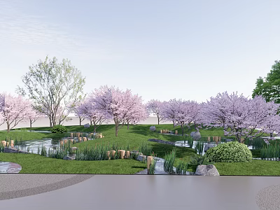 Scenic Park Landscape With Cherry Blossom Trees Lush Green Lawn And Small Stream Stones 3d model