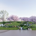 Scenic Park Landscape With Cherry Blossom Trees Lush Green Lawn And Small Stream Stones