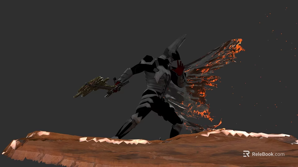 Game Movie Character In Black Silver Armor With Golden Weapon Flaming Red Wings On Red Ground 3d model 