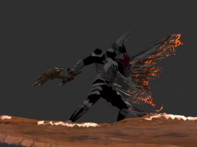 Game Movie Character In Black Silver Armor With Golden Weapon Flaming Red Wings On Red Ground 3d model