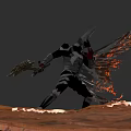 Game Movie Character In Black Silver Armor With Golden Weapon Flaming Red Wings On Red Ground