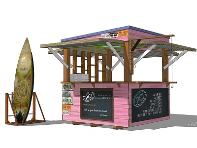 Pink Beach Kiosk With Wooden Canopy Surfboard And JOGO Menu Board 3d model
