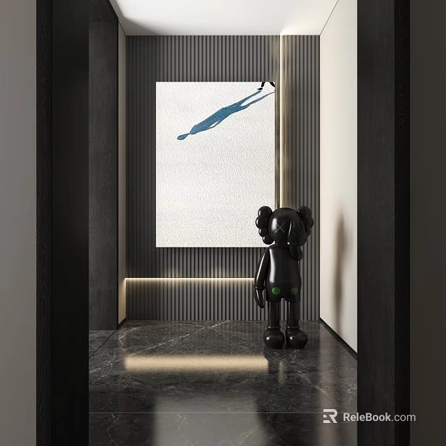 Black Kaws Figure In Modern Corridor With Wall Art Blue Shadow And Marble Floor 3d model 