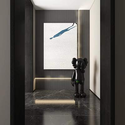 Black Kaws Figure In Modern Corridor With Wall Art Blue Shadow And Marble Floor 3d model