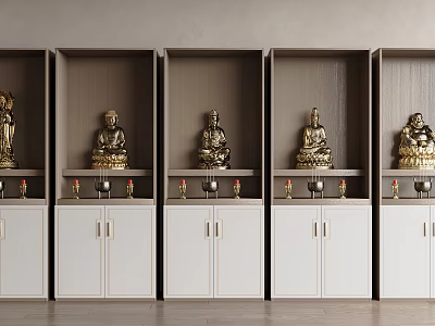 Modern Buddha Shrine Cabinets With Closed Doors Statues And Offerings 3d model