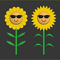 Cute Sunflower Decorative Ornament Set with Yellow Petals Green Stems and Leaves and Sunglasses