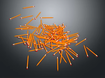 Bunch of Orange Pencils with Red Tips Scattered on Gray Background 3d model
