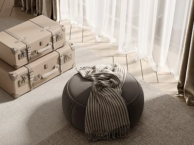 Vintage Luggage Set In Cozy Room With Rug Pouf Curtains 3d model