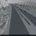 Snowy Road Infrastructure With Trees On Both Sides Vehicles Green Belts And Guardrails