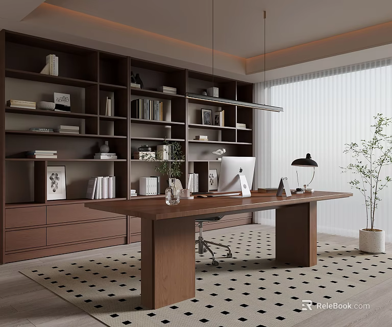 Contemporary Home Office With Dark Wooden Bookshelves Desk Computer Lamp Plant And Patterned Rug 3d model 