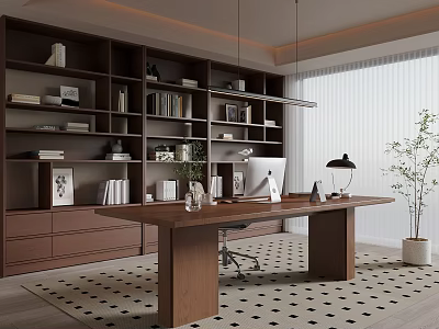 Contemporary Home Office With Dark Wooden Bookshelves Desk Computer Lamp Plant And Patterned Rug 3d model