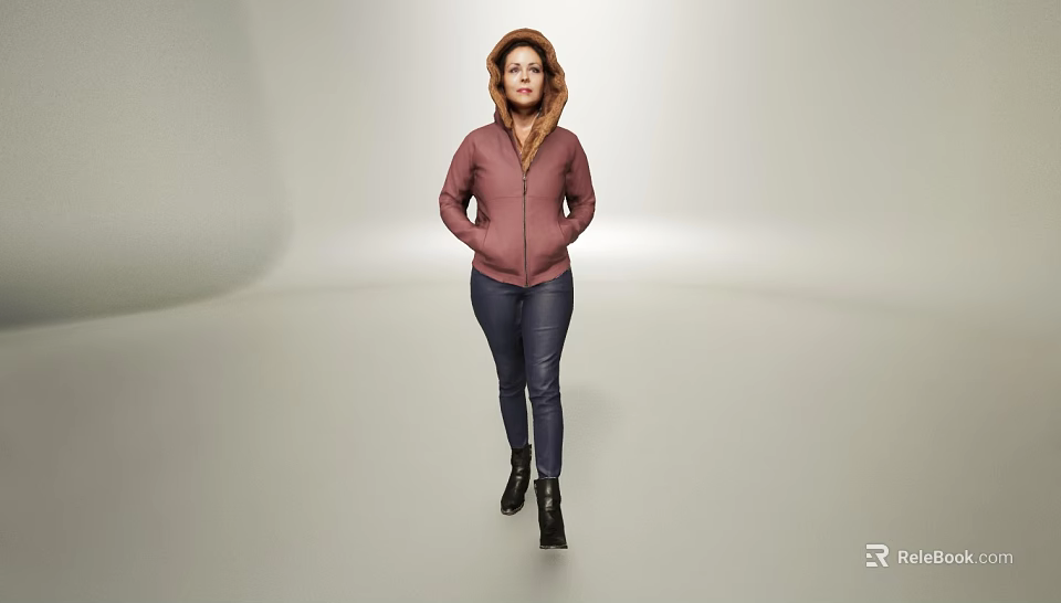 A woman in pink hooded jacket blue jeans and black boots standing against light background 3d model 