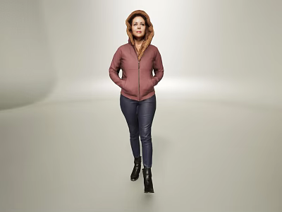 A woman in pink hooded jacket blue jeans and black boots standing against light background 3d model