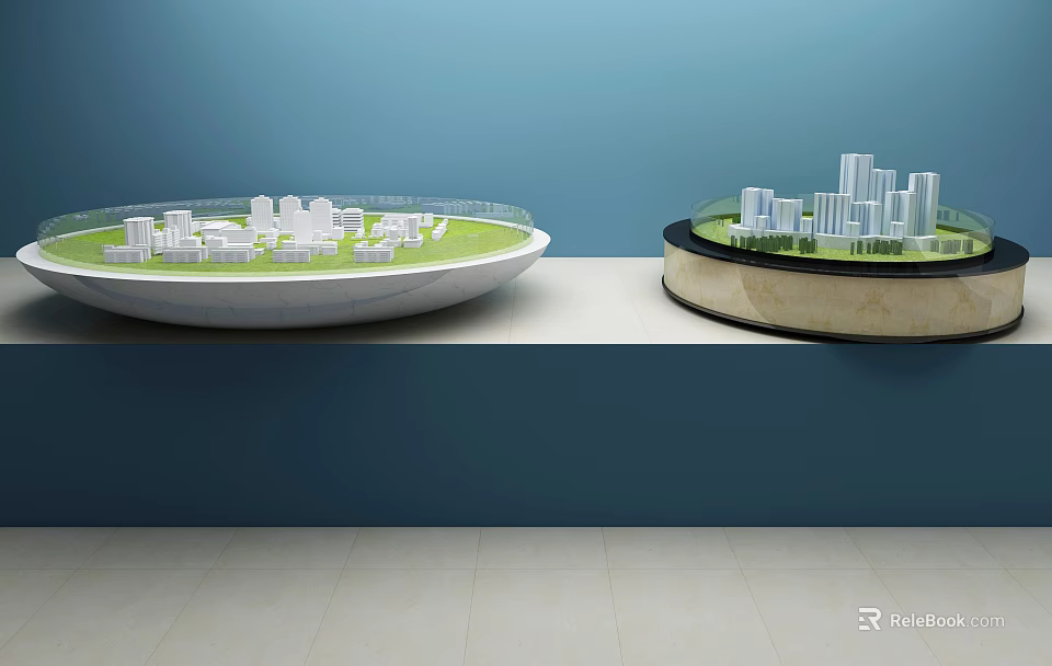Commercial Equipment Exhibition Models on Circular Stands with Green Grass and Gray Buildings 3d model 