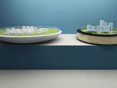 Commercial Equipment Exhibition Models on Circular Stands with Green Grass and Gray Buildings 3d model