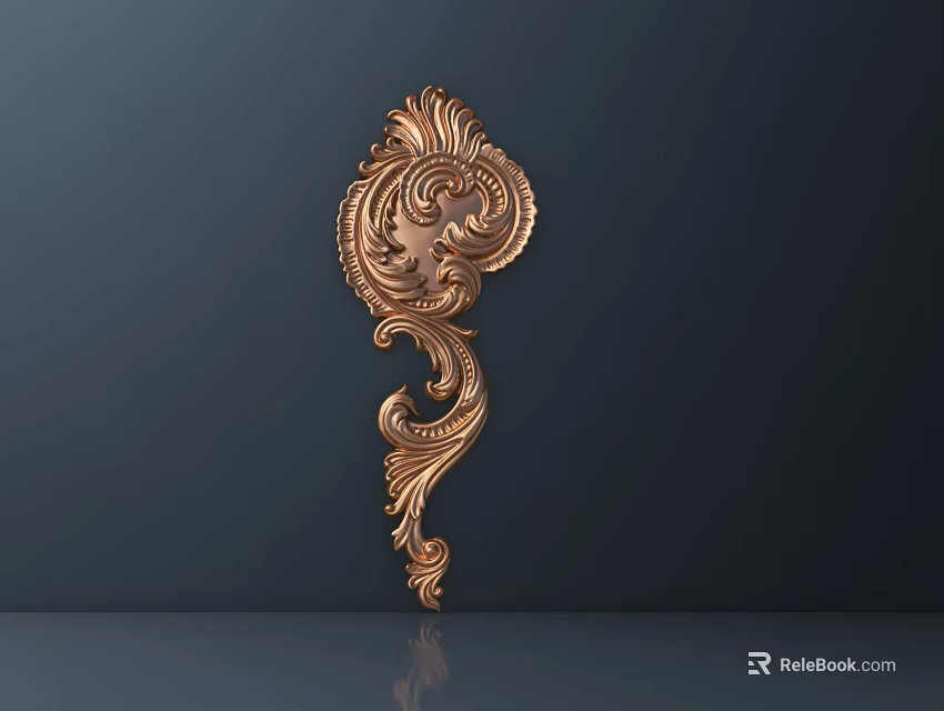 Golden Intricate Carved Ornament With Curved Patterns On Dark Background Reflective Surface 3d model 