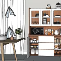 Modern Wooden And White Sideboard With Glass Door Dishes Cups Microwave Kettle And Food Packages