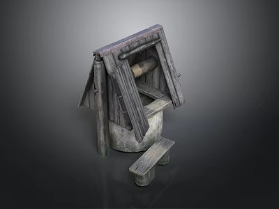 Vintage Rustic Wooden Structure With Sloped Roof And Small Wooden Stool 3d model