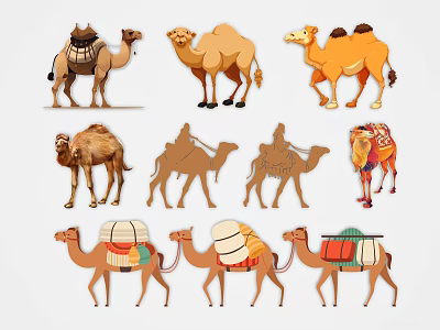 Various Cartoon Camel Illustrations With Different Poses And Decorative Saddles 3d model