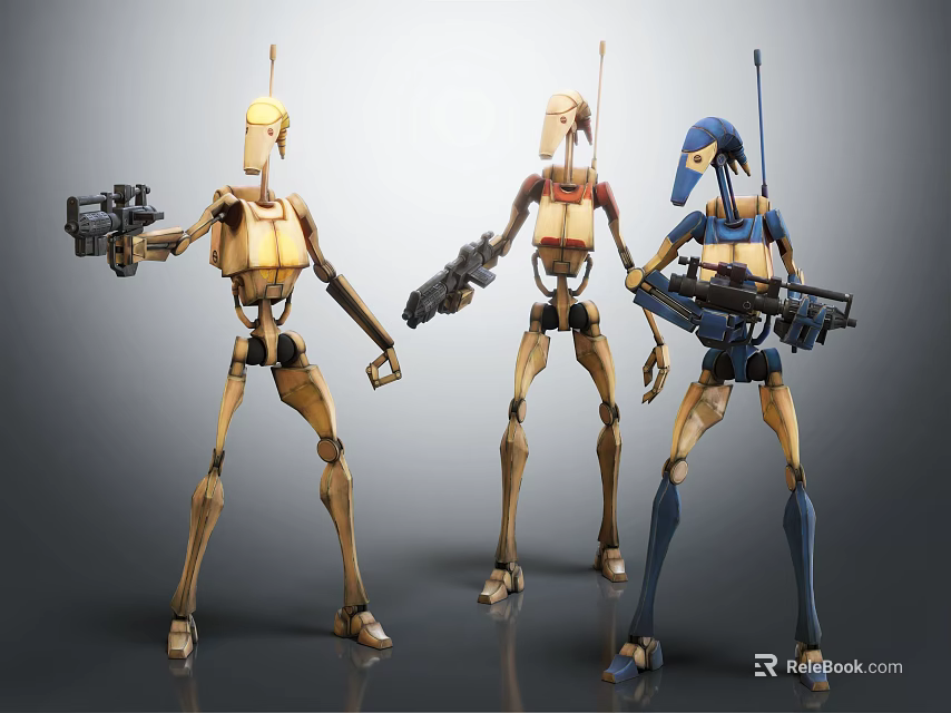 Sci-Fi Robot Characters With Different Designs Standing With Weapons In Action Poses 3d model 