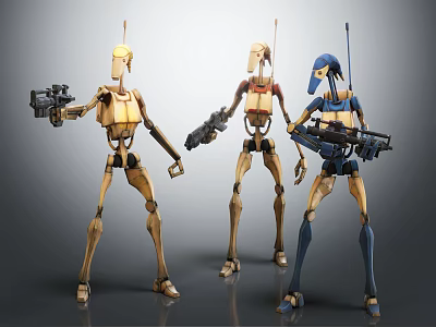 Sci-Fi Robot Characters With Different Designs Standing With Weapons In Action Poses 3d model