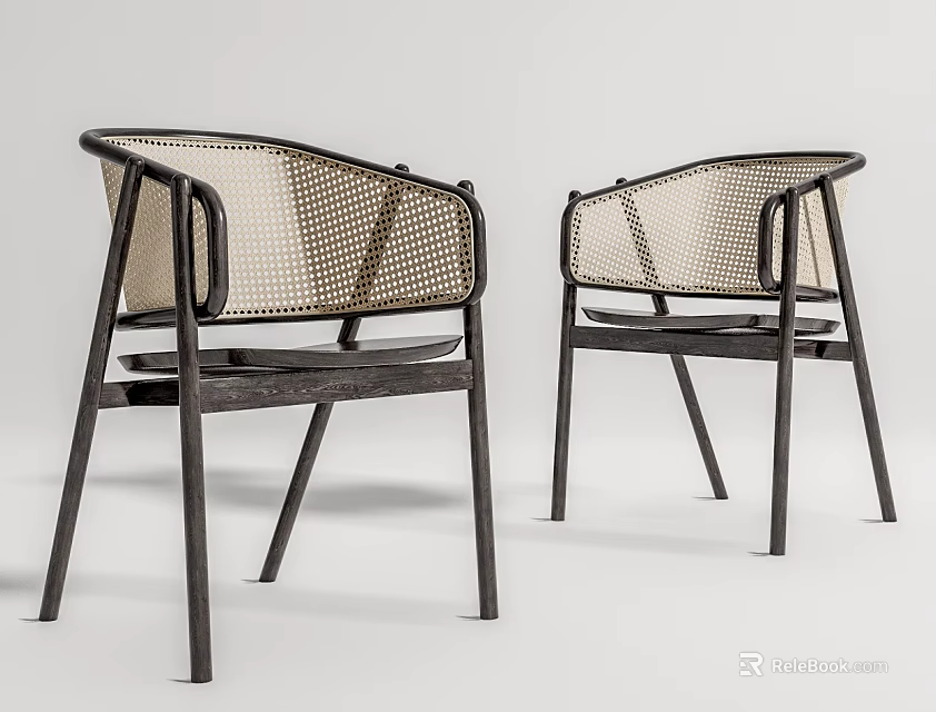 Modern Leisure Chairs With Dark Wooden Frame And Light Woven Seat Backrest 3d model 