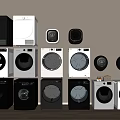 Various Stylish Washing Machines in Black and White Colors Neatly Arranged on Display Shelves